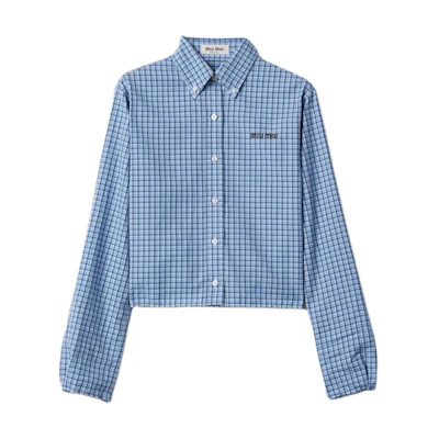 (Women) Miu Miu Embroidered Plaid Button-Up Long Sleeve Shirt Light Blue. MK1865-142L-F0QY6-S-OOO