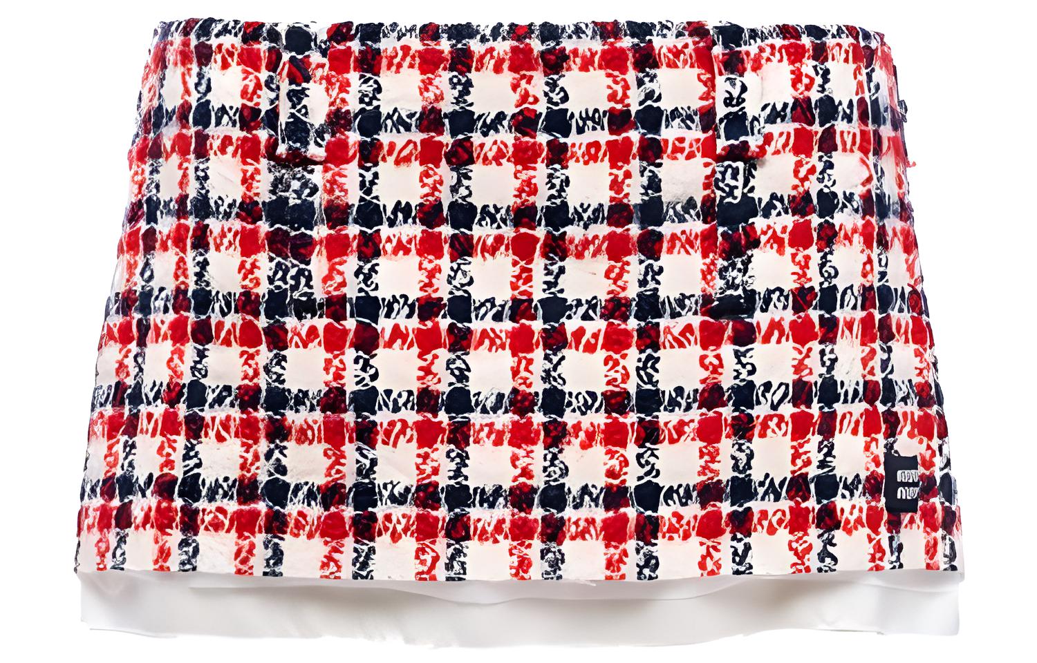 (Women) MIU MIU  FW22 Check Tweed Logo Red Mini Skirt MG1857-11V5-F0970