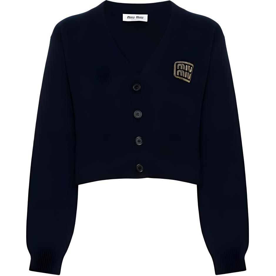(Women) MIU MIU  FW23 Blue V-Neck Knit Cardigan with Letter Embroidery. MMF865-103Z-F0008-S-OOO