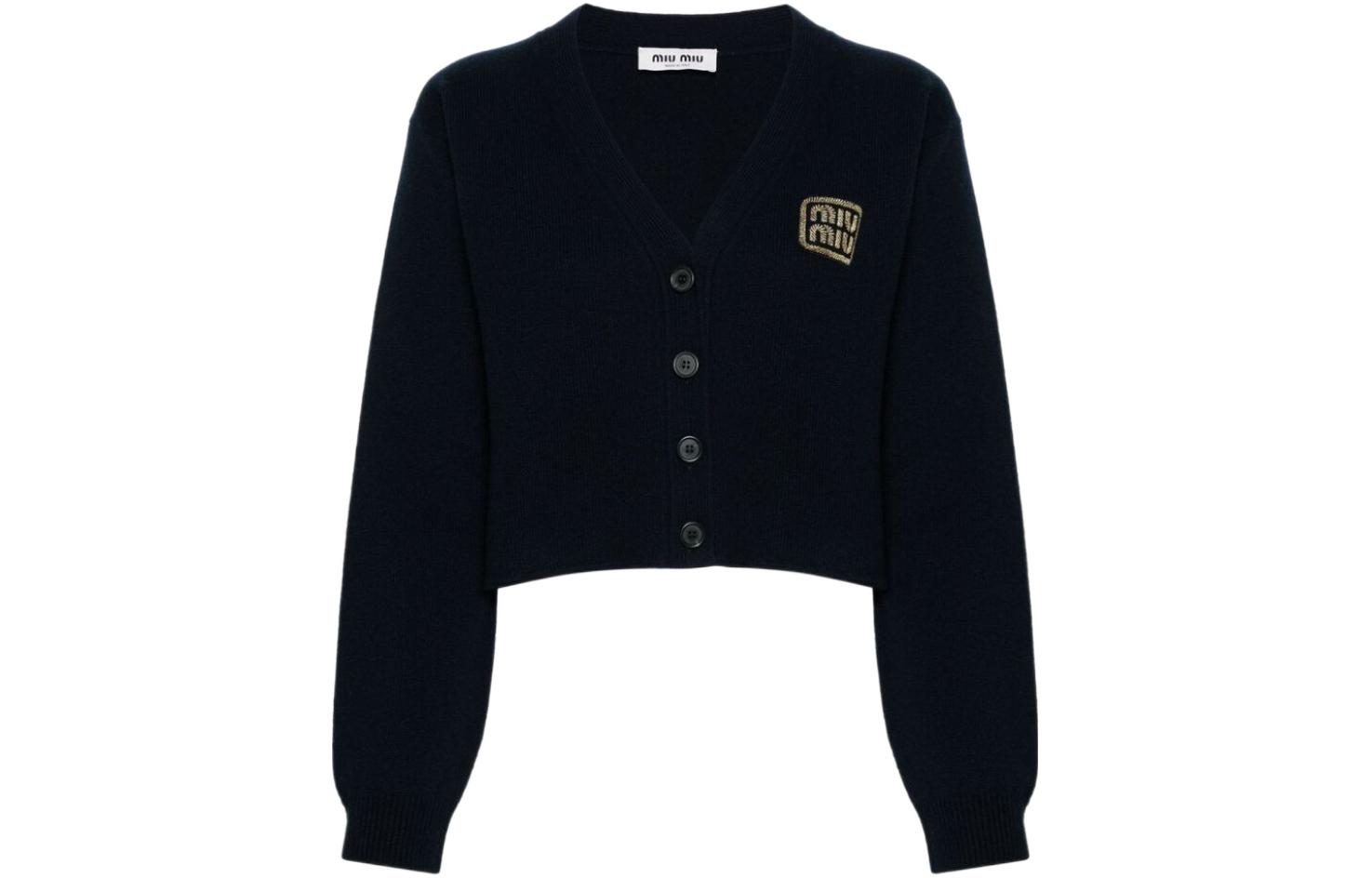 Order (W) MIU MIU FW23 Kardigan Rajut Leher V Biru dengan Sulaman Huruf. MMF865-103Z-F0008-S-OOO