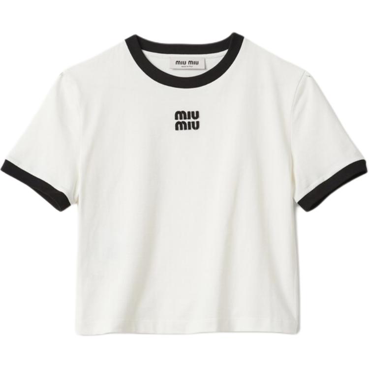 (Women) MIU MIU  Graphic Print Cropped Short Sleeve Crew Neck T-Shirt White MJN522-14EL-F0009-S-OOO