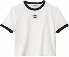 (Women) MIU MIU Graphic Print Cropped Short Sleeve Crew Neck T-Shirt White MJN522-14EL-F0009-S-OOO (Women) MIU MIU Graphic Print Cropped Short Sleeve Crew Neck T-Shirt White MJN522-14EL-F0009-S-OOO