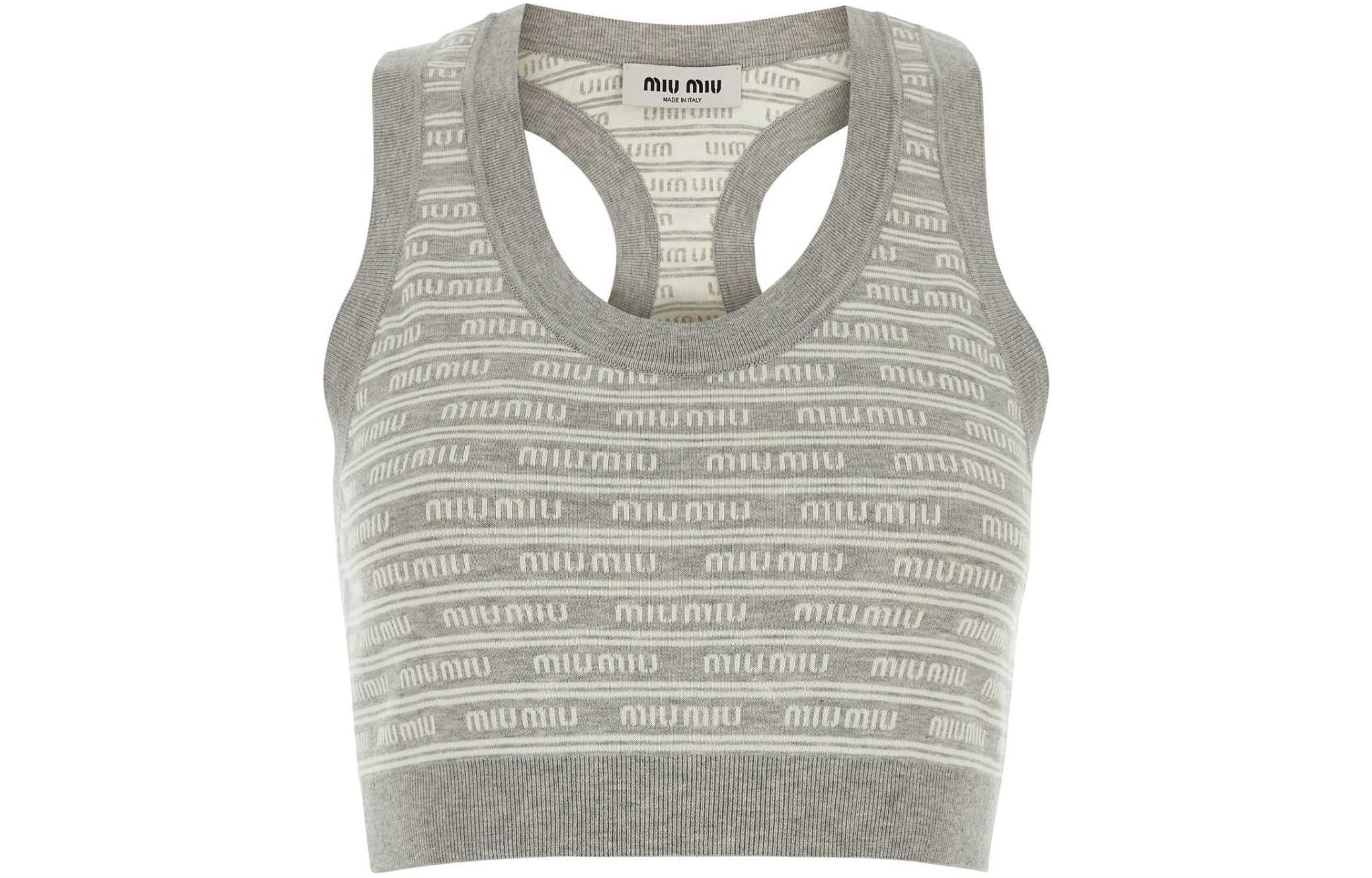 (Women) MIU MIU  Gray Letter Print Sleeveless Cropped Tank Top. MMV184-14M5-F0OA3-S-OOO