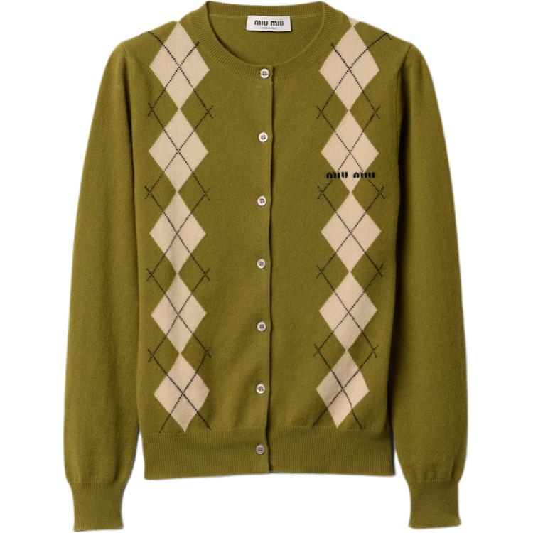 (Women) MIU MIU  Green Diamond Pattern Button-Up Fitted Cashmere Cardigan. MMF896-15NE-F00IS-S-OOO