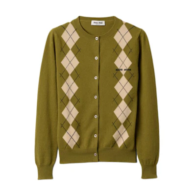 (Women) MIU MIU Green Diamond Pattern Button-Up Fitted Cashmere Cardigan. MMF896-15NE-F00IS-S-OOO