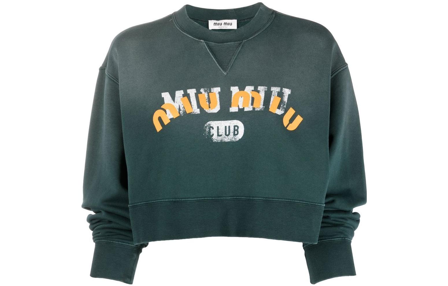 (Women) MIU MIU  Green Logo Print Cropped Crewneck Sweatshirt Long Sleeve Casual. MJL888-11P8-F0342