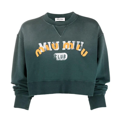 (Women) MIU MIU Green Logo Print Cropped Crewneck Sweatshirt Long Sleeve Casual. MJL888-11P8-F0342