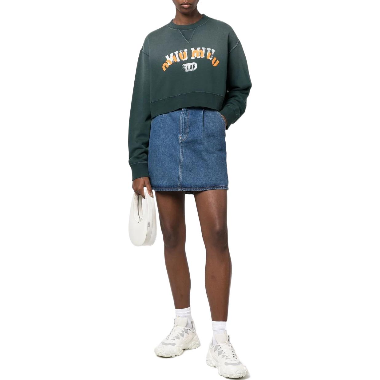 Lookbook (W) MIU MIU グリーン ロゴプリント クロップド クルーネック ロングスリーブ スウェットシャツ カジュアル MJL888-11P8-F0342