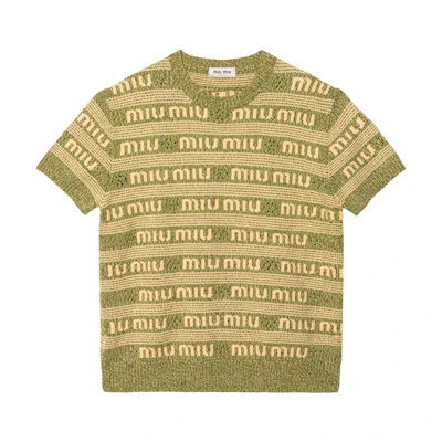 (Women) MIU MIU Green Striped Letter Knit Short-Sleeve Sweater. MML870-138E-F0613-S-OOO