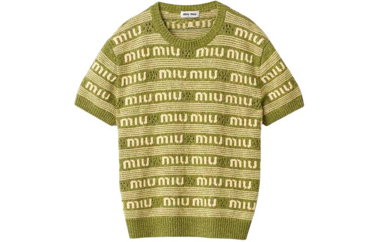 Order (W) MIU MIU 绿色条纹字母针织短袖毛衣. MML870-138E-F0613-S-OOO