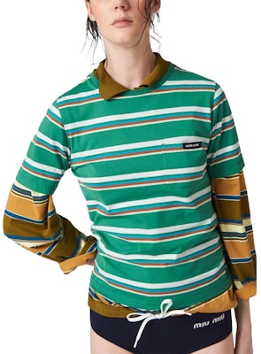 (W) MIU MIU Kemeja-T Lengan Pendek Bergaris Hijau Logo Oversized SS24 MJN537-14RT-F0F67-S-OOO Shop (W) MIU MIU Kemeja-T Lengan Pendek Bergaris Hijau Logo Oversized SS24 MJN537-14RT-F0F67-S-OOO