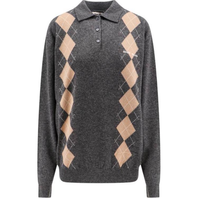 (Women) MIU MIU  Grey Argyle Knit Long-Sleeve Pullover Polo Shirt MML973-15NE-F0480-S-OOO