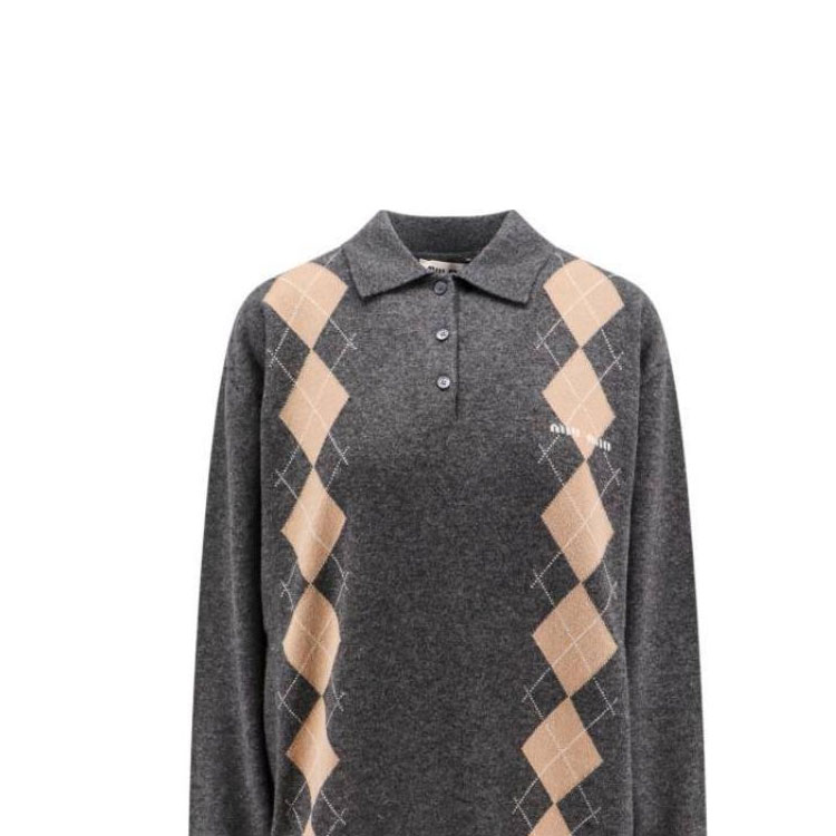 Shop (W) ミュウミュウ グレー アーガイル ニット 長袖 プルオーバー ポロシャツ MML973-15NE-F0480-S-OOO