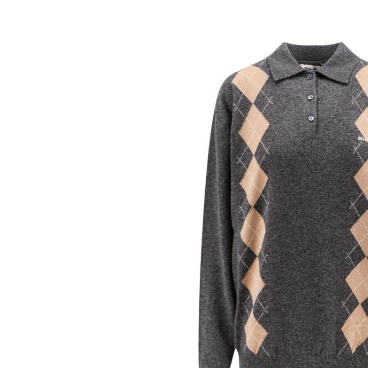 Details for (W) ミュウミュウ グレー アーガイル ニット 長袖 プルオーバー ポロシャツ MML973-15NE-F0480-S-OOO