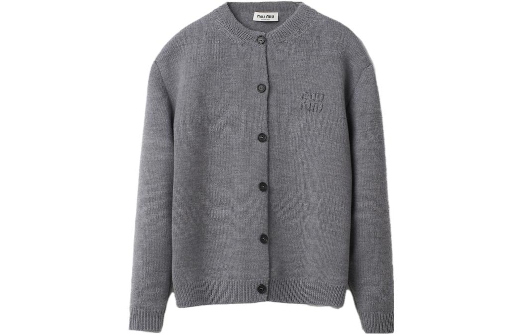 (Women) MIU MIU  Grey Knit Cardigan with Embroidered Logo. MMF796-13JS-F0031-S-232