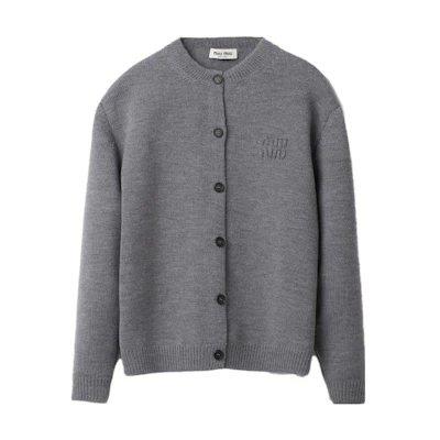 (Women) MIU MIU Grey Knit Cardigan with Embroidered Logo. MMF796-13JS-F0031-S-232