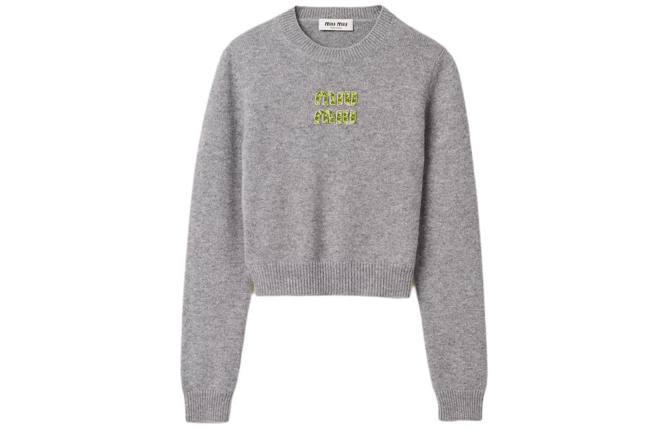(Women) MIU MIU  Grey Logo Embroidered Crewneck Loose Fit Sweater. MML725-14IY-F0TMC-S-231