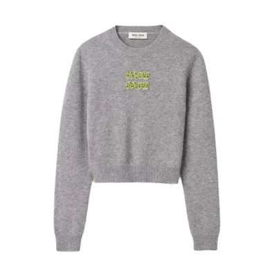 (Women) MIU MIU Grey Logo Embroidered Crewneck Loose Fit Sweater. MML725-14IY-F0TMC-S-231