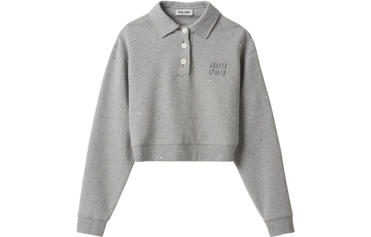 (Women) MIU MIU  Grey Long-Sleeve Polo Shirt with Embroidered Lettering. MJL976-133K-F0031-S-OOO