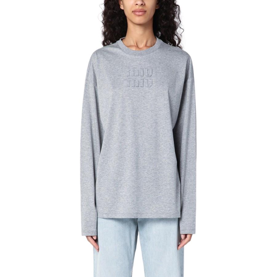 Order (Women) MIU MIU  Grey Long Sleeve Pullover T-Shirt with Logo. MJL862-1YXT-F0031