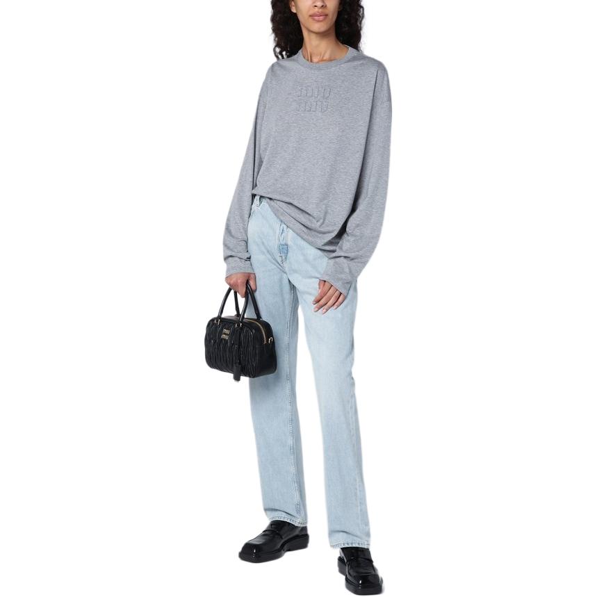 Shop (Women) MIU MIU  Grey Long Sleeve Pullover T-Shirt with Logo. MJL862-1YXT-F0031