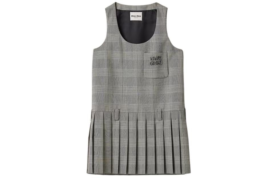 (Women) MIU MIU  Grey Plaid Logo Print Sleeveless Cropped Dress. MF5269-14HV-F0013