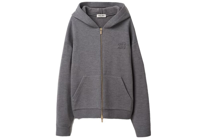 (Women) MIU MIU  Grey Ribbed Knit Long-Sleeve Sweater with Logo. MMF803-13JS-F0031-S-232