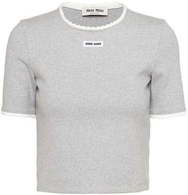 (W) MIU MIU Abu-Abu Kaos Cropped Lengan Pendek SS23. MJN847-S23-212HM Order (W) MIU MIU Abu-Abu Kaos Cropped Lengan Pendek SS23. MJN847-S23-212HM