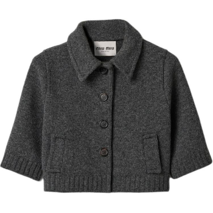 (Women) MIU MIU  Grey Short-Sleeve Fitted Knit Cardigan. MMJ113-15RT-F0480-S-OOO