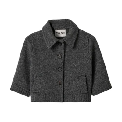 (Women) MIU MIU Grey Short-Sleeve Fitted Knit Cardigan. MMJ113-15RT-F0480-S-OOO