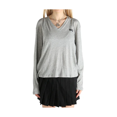 (Women) MIU MIU Grey V-Neck Dropped Shoulder Long Sleeve Logo T-Shirt. MJL059-133O-F0031