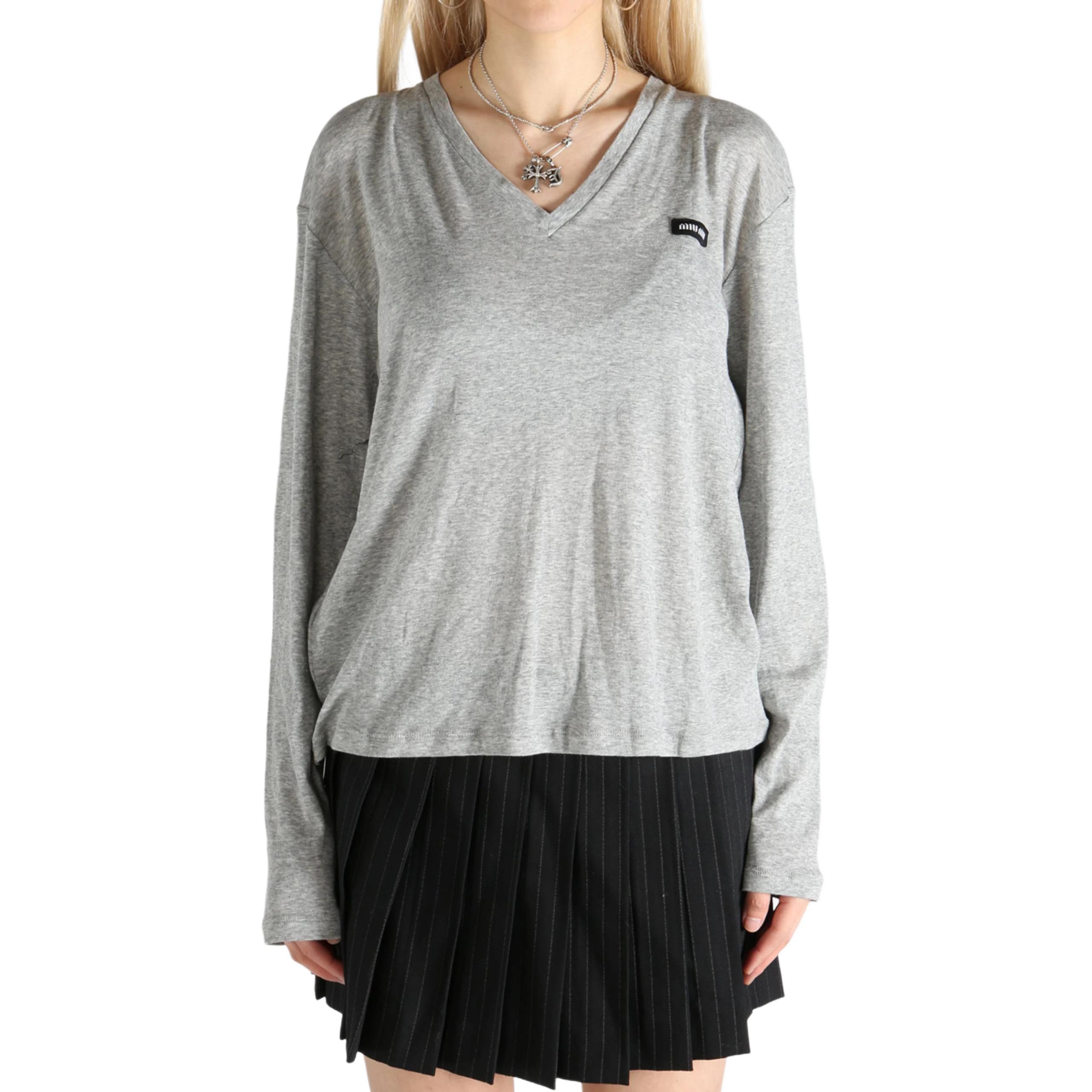 Order (Women) MIU MIU  Grey V-Neck Dropped Shoulder Long Sleeve Logo T-Shirt. MJL059-133O-F0031