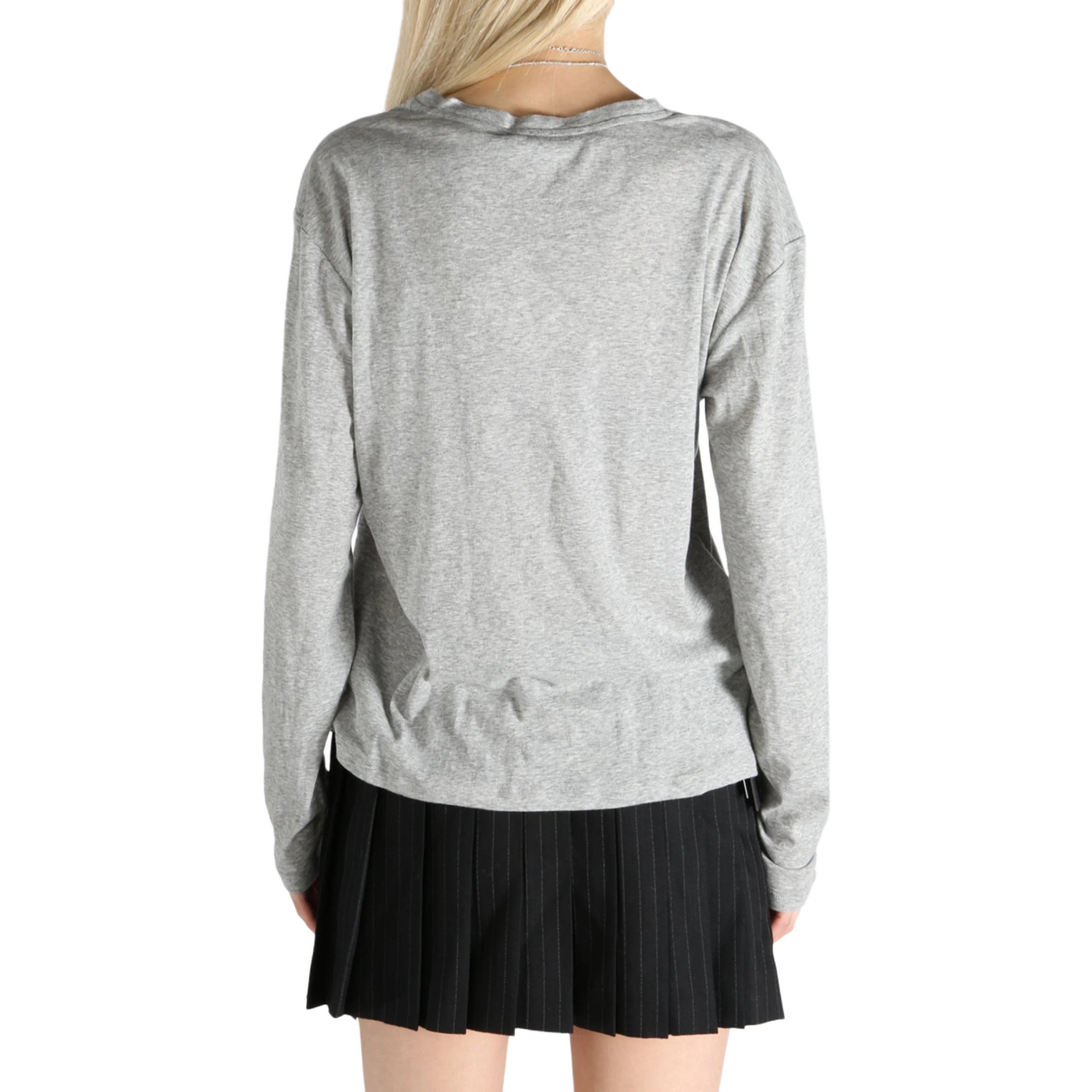 Lookbook (Women) MIU MIU  Grey V-Neck Dropped Shoulder Long Sleeve Logo T-Shirt. MJL059-133O-F0031