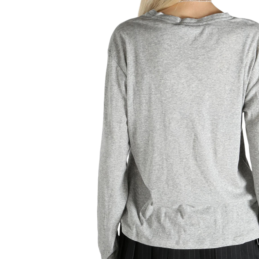 Details for (Women) MIU MIU  Grey V-Neck Dropped Shoulder Long Sleeve Logo T-Shirt. MJL059-133O-F0031