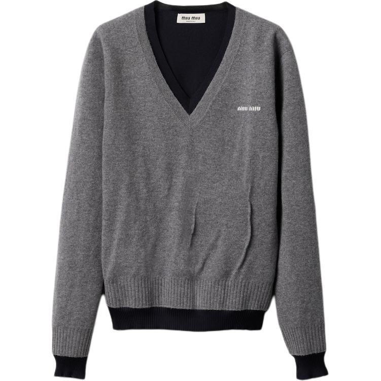 (Women) MIU MIU  Grey V-neck Letter Print Long Sleeve Cashmere Sweater. MML994-15RK-F0MZQ-S-OOO