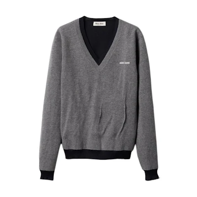 (Women) MIU MIU Grey V-neck Letter Print Long Sleeve Cashmere Sweater. MML994-15RK-F0MZQ-S-OOO
