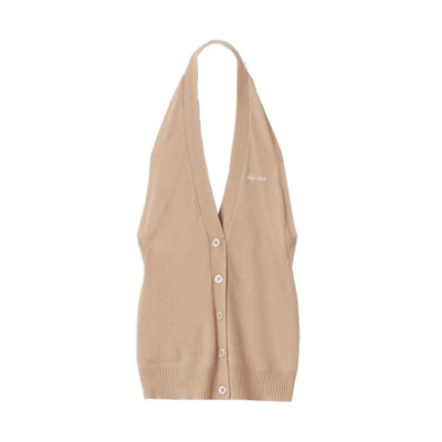 (Women) MIU MIU Halter Neck Vest with Logo Embroidery in Camel Color. MMV124-13S1-F0627-S-232
