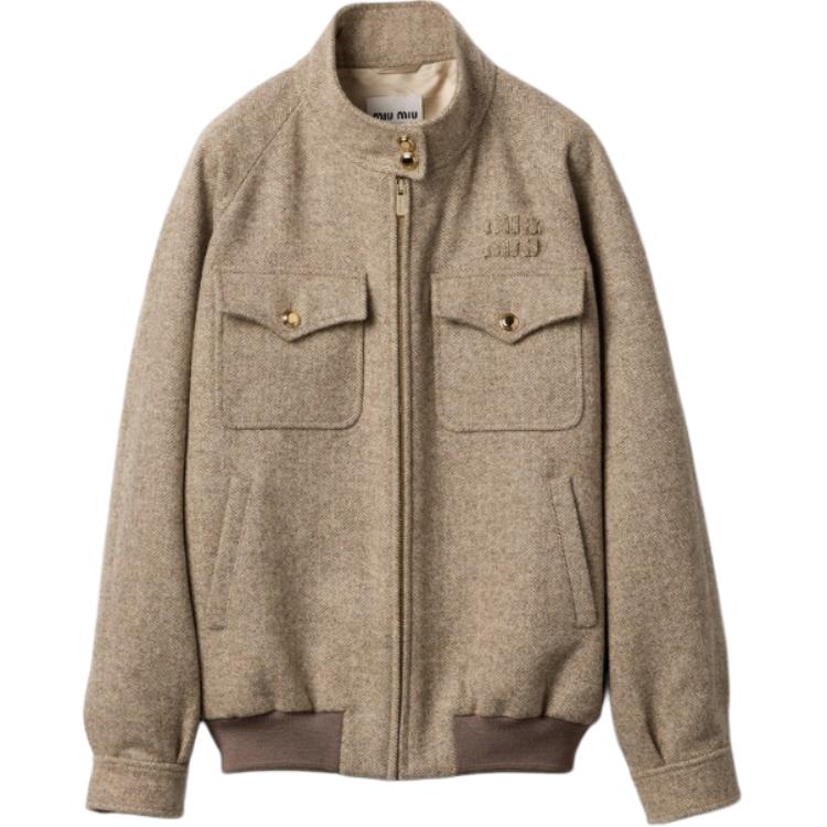 Order (W) 미우미우 헤링본 자수 로고 집업 재킷 카키. ML943-15PM-F0241-S-232