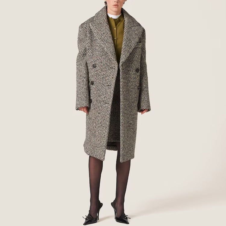 Lookbook (Women) MIU MIU  Herringbone Embroidery Logo Double-Breasted Coat Cocoa Brown MS1982-13R7-F0324-S-232