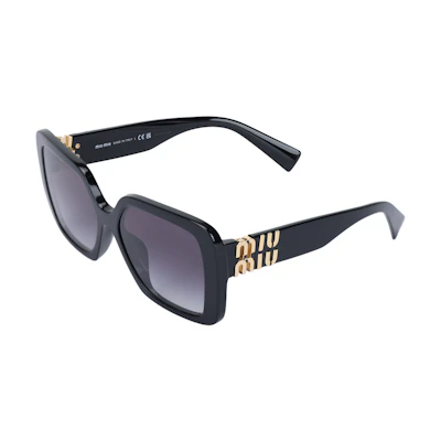 (Women) MIU MIU Irregular Shape Black Sunglasses with Logo Acetate Frame. SMU10Y_E1AB_F05D1_C_056