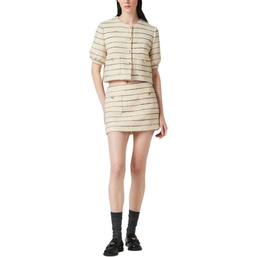 (Women) MIU MIU  Ivory Embroidered Logo Striped Mini Skirt with Back Zipper. MG2152-14HO-F0C56 圖 3