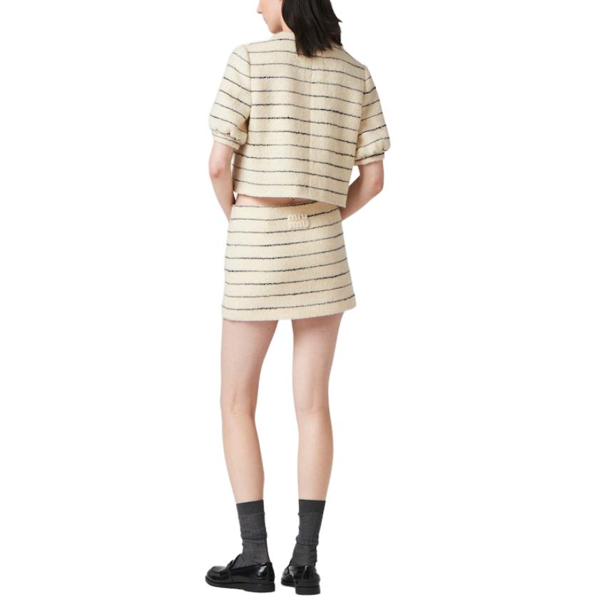 (Women) MIU MIU  Ivory Embroidered Logo Striped Mini Skirt with Back Zipper. MG2152-14HO-F0C56 圖 4
