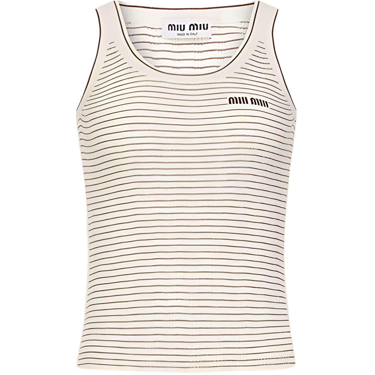 (Women) MIU MIU  Ivory Ribbed Striped Knit Tank Top Crewneck FW24. MMV219-15BM-F0B23-S-OOO