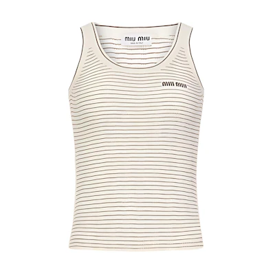 (Women) MIU MIU Ivory Ribbed Striped Knit Tank Top Crewneck FW24. MMV219-15BM-F0B23-S-OOO