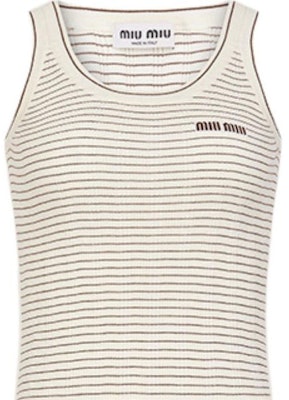 (W) MIU MIU Ivory Tank Top Jalur Berusuk Leher Bulat FW24. MMV219-15BM-F0B23-S-OOO Details for (W) MIU MIU Ivory Tank Top Jalur Berusuk Leher Bulat FW24. MMV219-15BM-F0B23-S-OOO