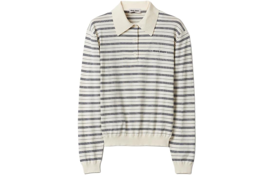 (Women) MIU MIU  Ivory Striped Logo Long Sleeve Polo Shirt with Buttons MML951-140V-F0304-S-OOO