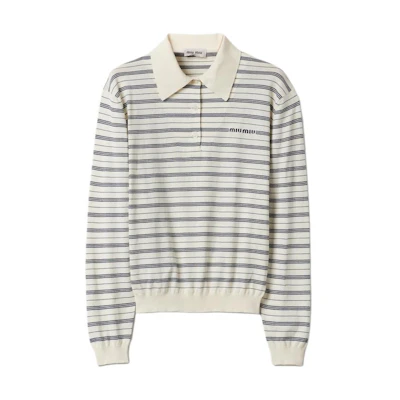 (Women) MIU MIU Ivory Striped Logo Long Sleeve Polo Shirt with Buttons MML951-140V-F0304-S-OOO