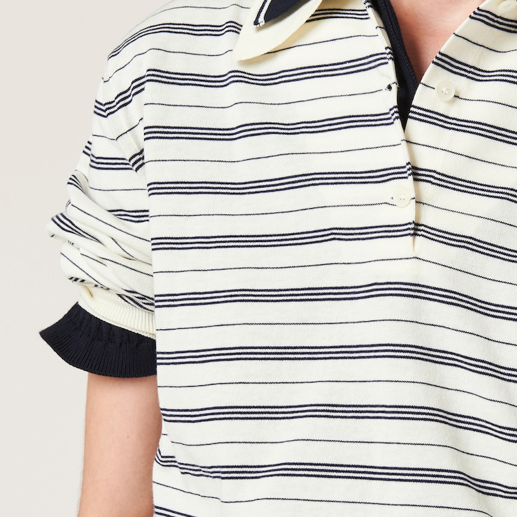 Details for (W) MIU MIU Baju Polo Lengan Panjang Berjalur Gading dengan Logo dan Butang. MML951-140V-F0304-S-OOO