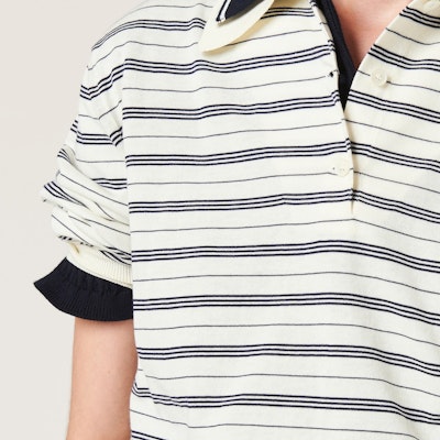 (W) MIU MIU Baju Polo Lengan Panjang Berjalur Gading dengan Logo dan Butang. MML951-140V-F0304-S-OOO Details for (W) MIU MIU Baju Polo Lengan Panjang Berjalur Gading dengan Logo dan Butang. MML951-140V-F0304-S-OOO