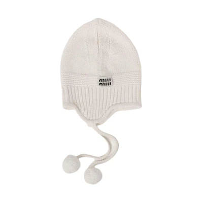 (Women) MIU MIU Letter-Decor Wool Knit Beanie Hat - White 5HC324_2F8S_F0009